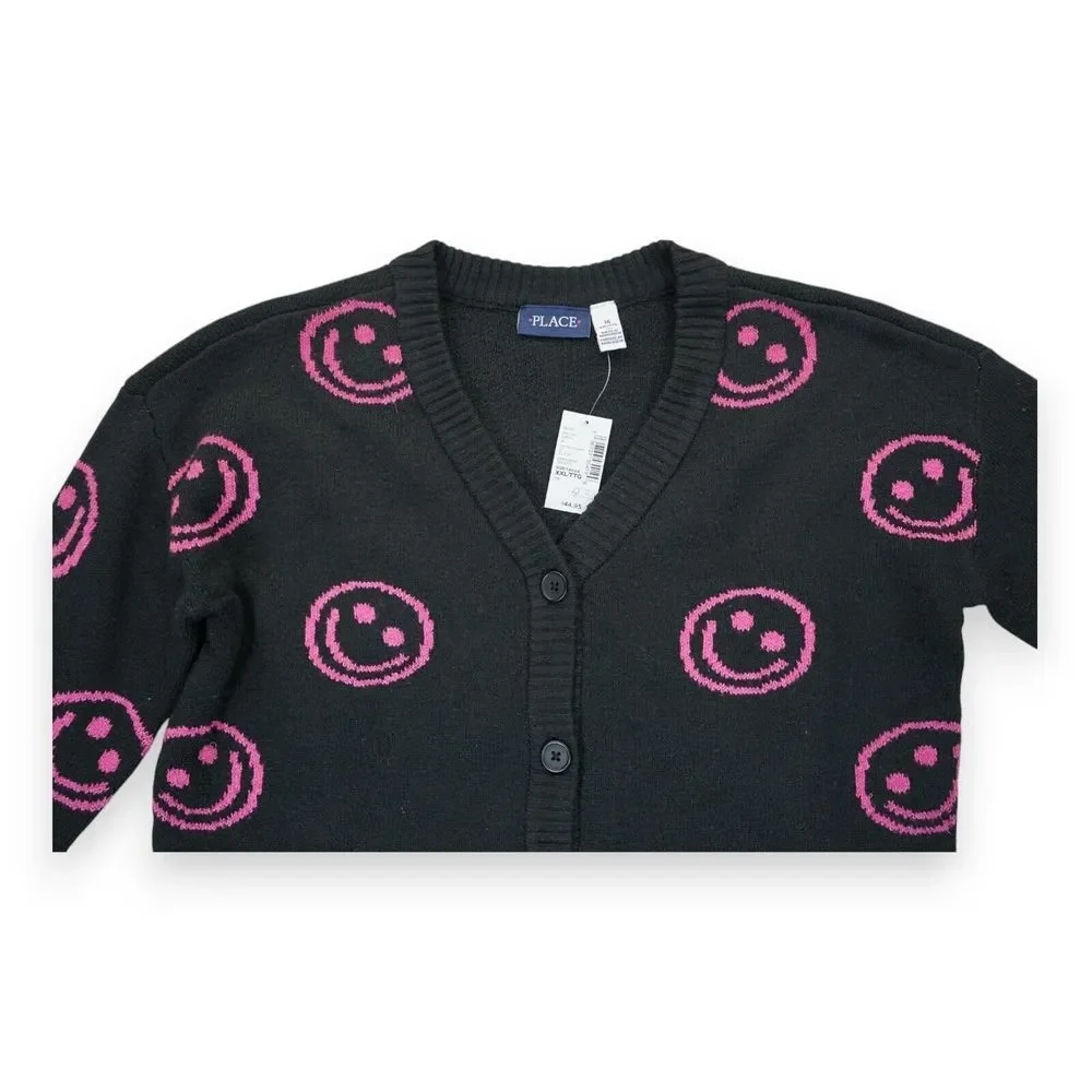 NWT Place‎ Knitted Cardigan Sweater V- Neck Black Pink Smiley Girls Size XXL